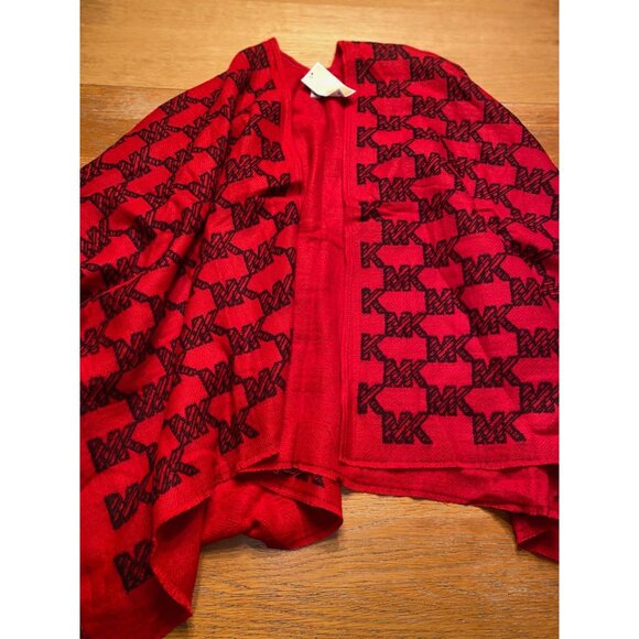 Michael Kors Red & Black Monogram Wool Poncho Shawl Wrap - Picture 4 of 4